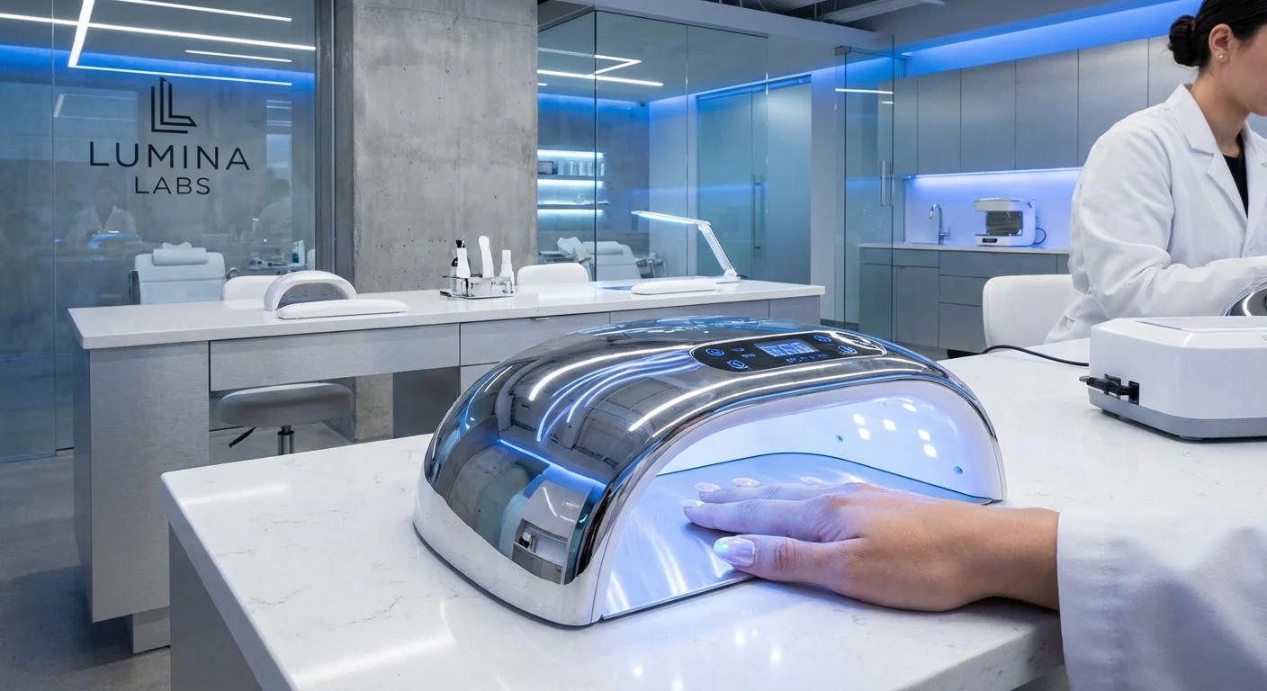 Lampă LED profesională și manichiură cu gel într-un salon modern.
