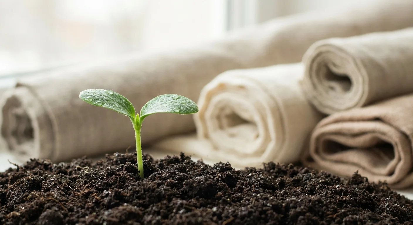 Lăstar verde crescând lângă role de materiale textile naturale.