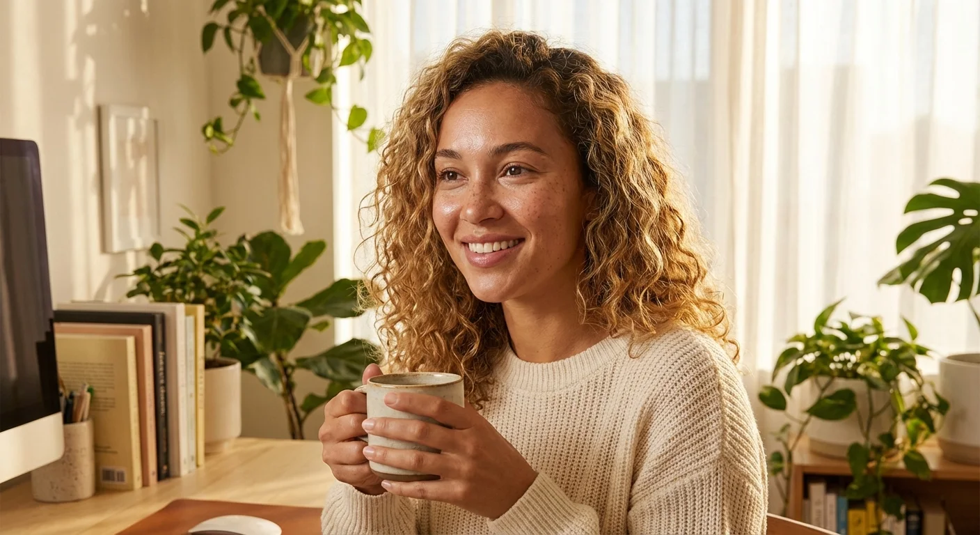 Look natural și luminos obținut cu un BB Cream, purtat de o femeie într-un birou luminat de soare.