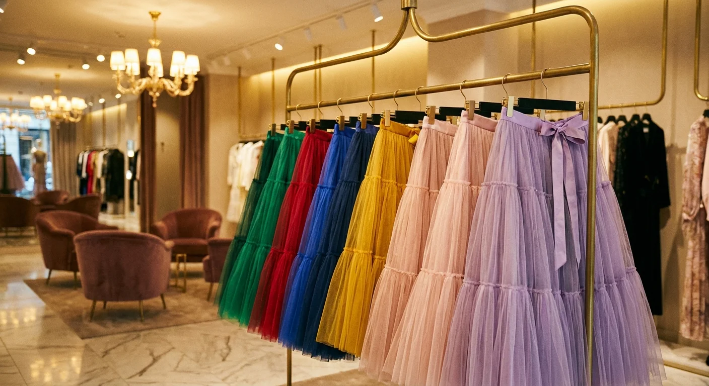 Luxury fashion boutique display featuring various tulle skirts.