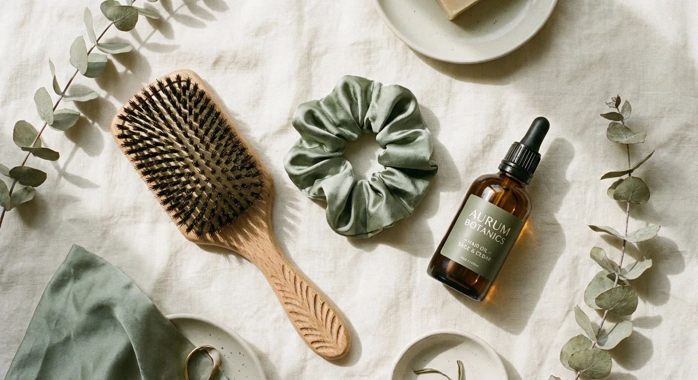 Luxury hair care accessories on a linen background.
