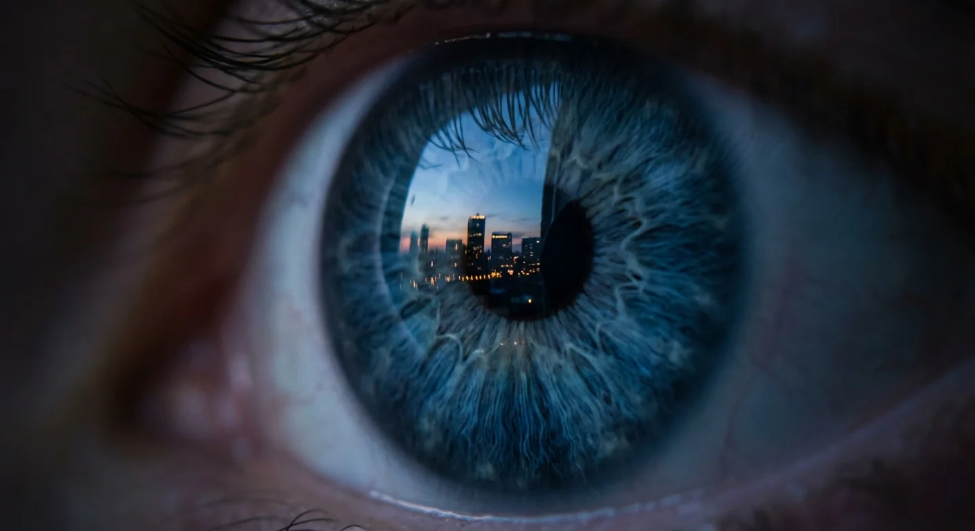 Macro shot of a clear eye reflecting a city skyline.