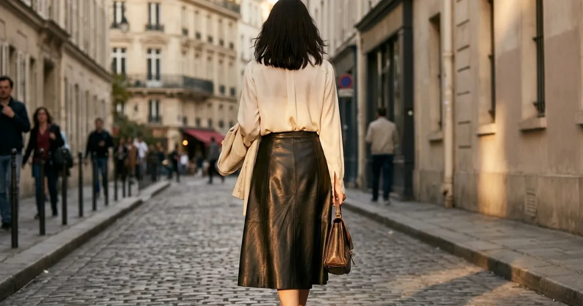 Woman in black leather midi skirt and cream blouse walking on a stylish city street during golden hour.