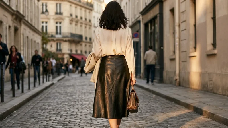 Woman in black leather midi skirt and cream blouse walking on a stylish city street during golden hour.