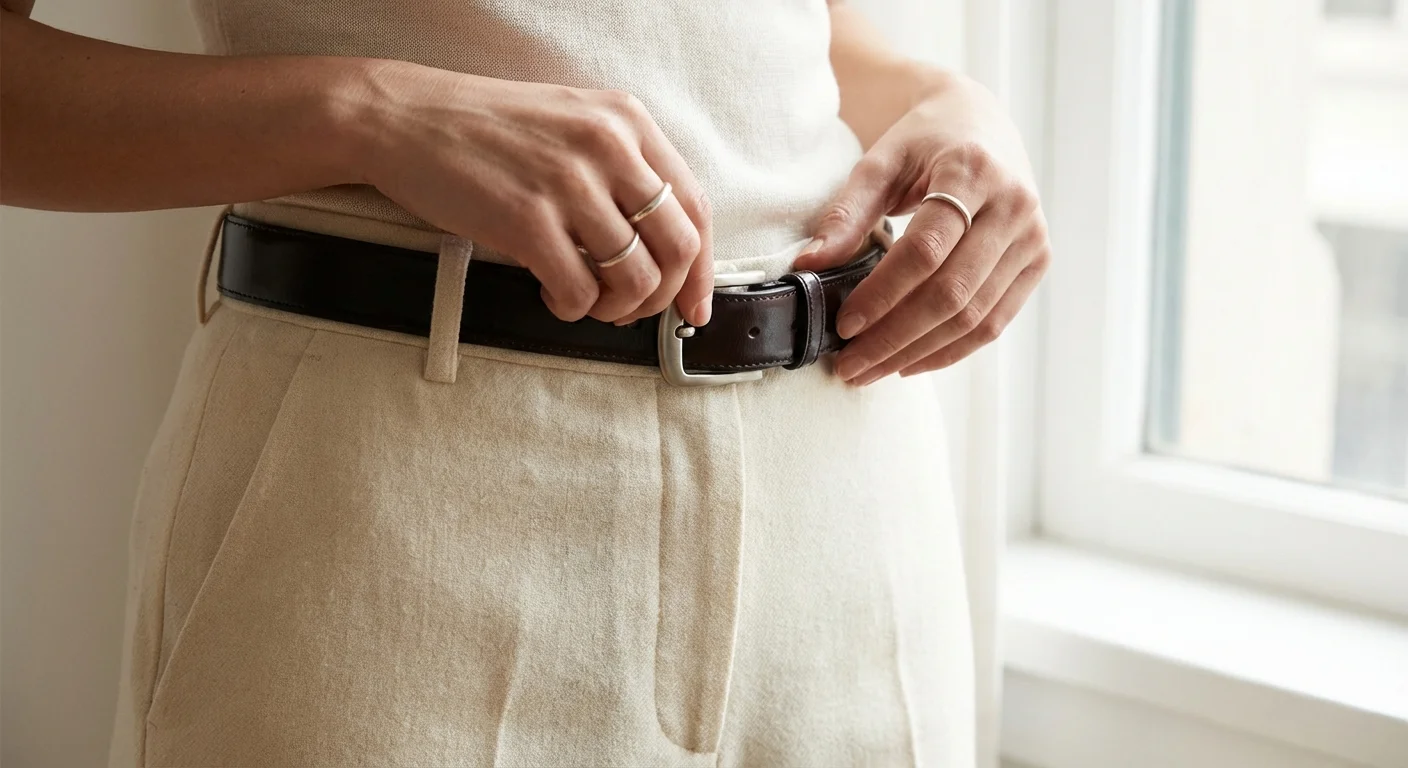 Mâini ajustând o curea de piele pe o pereche de pantaloni crem cu talie înaltă.