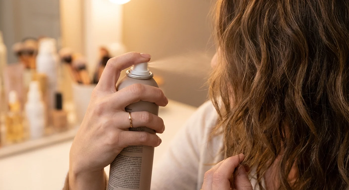 Mâini aplicând spray texturizant pe păr pentru a crea aderență pentru batic.