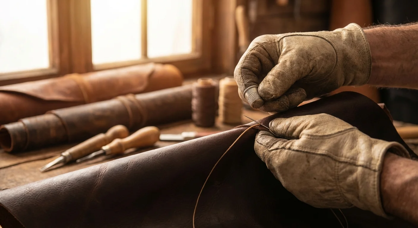 Mâini de artizan lucrând piele naturală într-un atelier românesc.