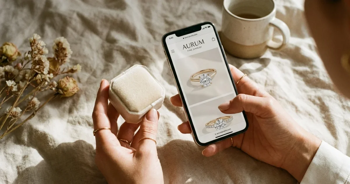 Mâini feminine ținând o cutie de catifea pentru inel și un telefon mobil, pe un fundal minimalist.