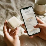 Mâini feminine ținând o cutie de catifea pentru inel și un telefon mobil, pe un fundal minimalist.