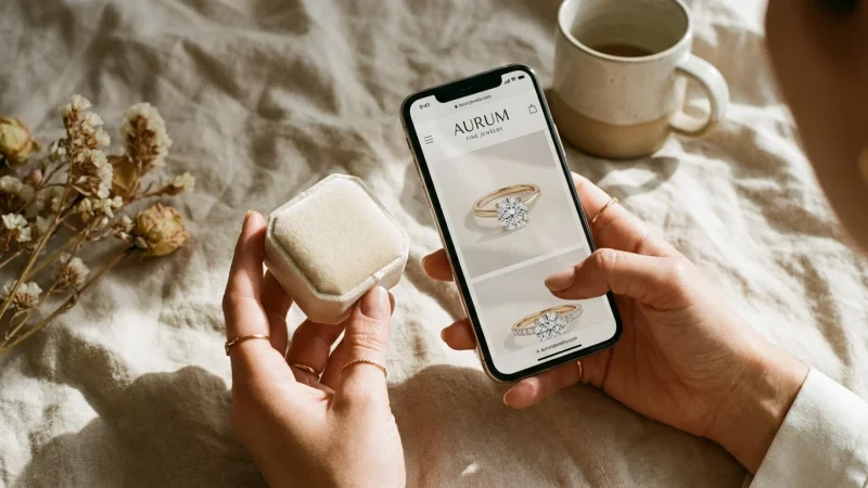 Mâini feminine ținând o cutie de catifea pentru inel și un telefon mobil, pe un fundal minimalist.