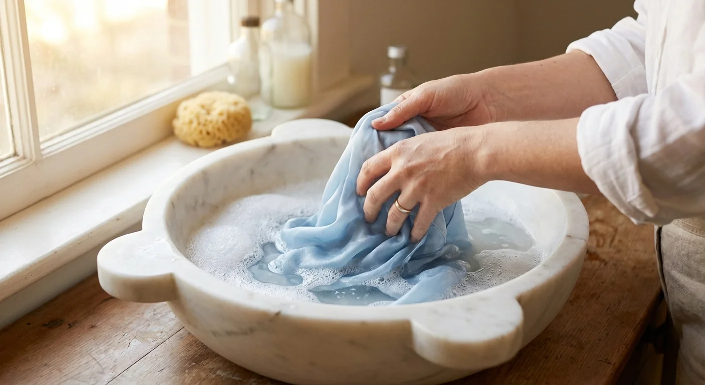 Mâini spălând manual o eșarfă delicată de mătase în apă cu spumă.