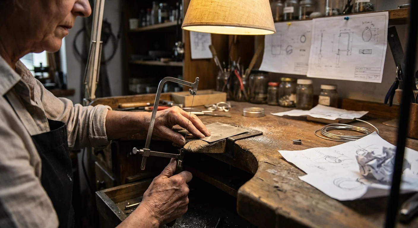 Mâinile unui bijutier lucrând la un banc de lucru din lemn, proces creativ autentic.