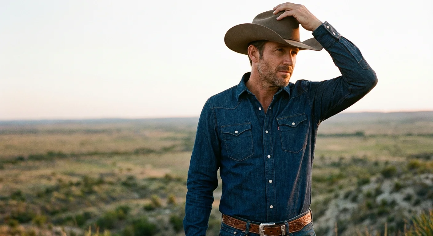 Man adjusting his Cowboy hat, wearing a denim shirt.