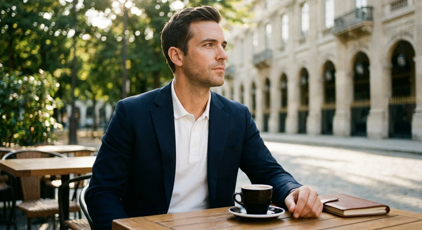 Man at a cafe wearing a dark blazer over a buttoned white polo shirt.