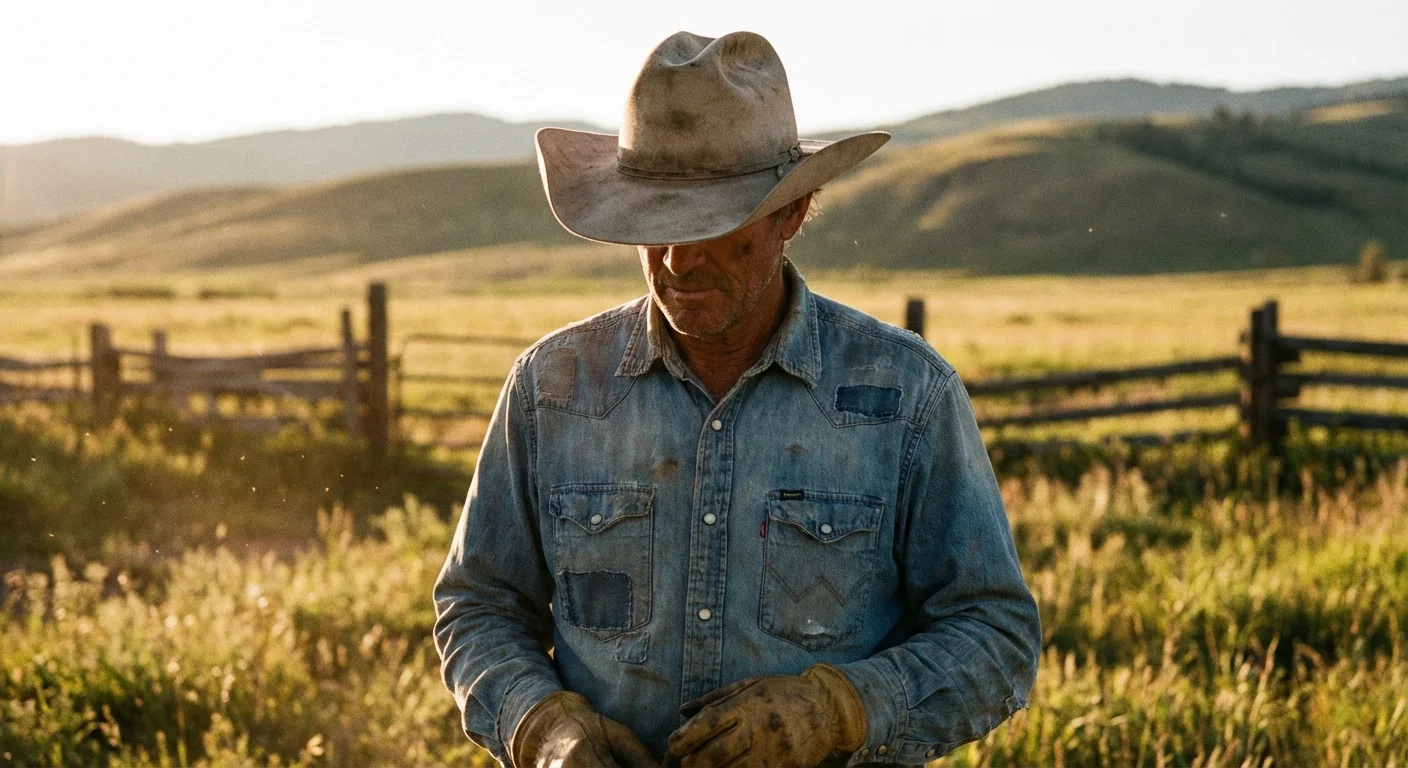 Man in a Cowboy hat protected from the sun in a rustic setting.