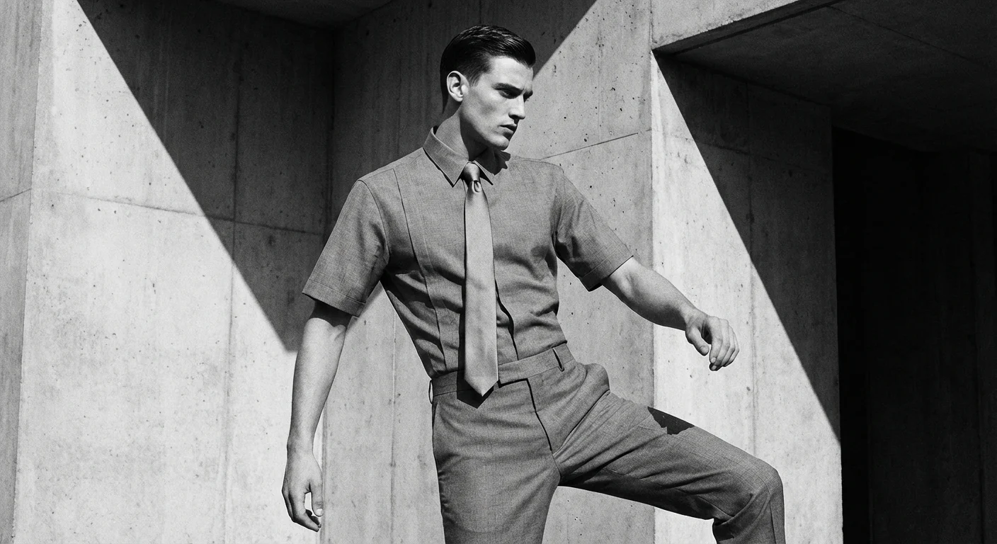 Man in a monochromatic grey short-sleeved shirt and tie.