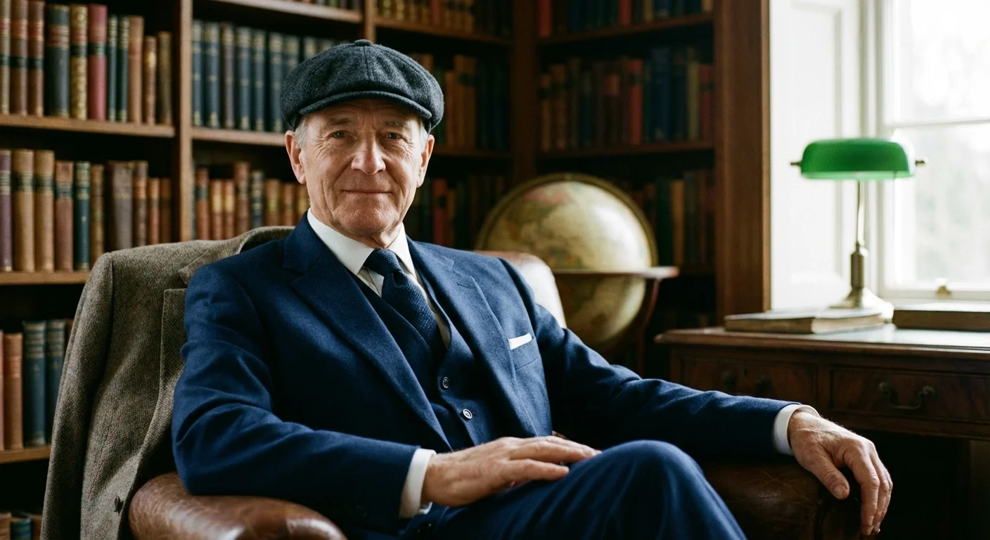 Man in a navy suit and charcoal wool Ivy cap in a library setting.