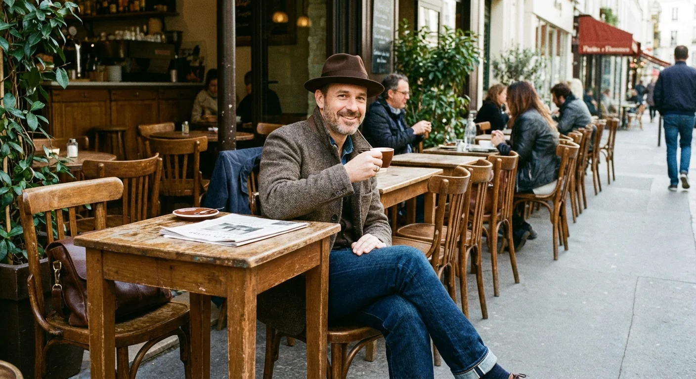 Man in blue jeans and a brown fedora sitting at a cafe.