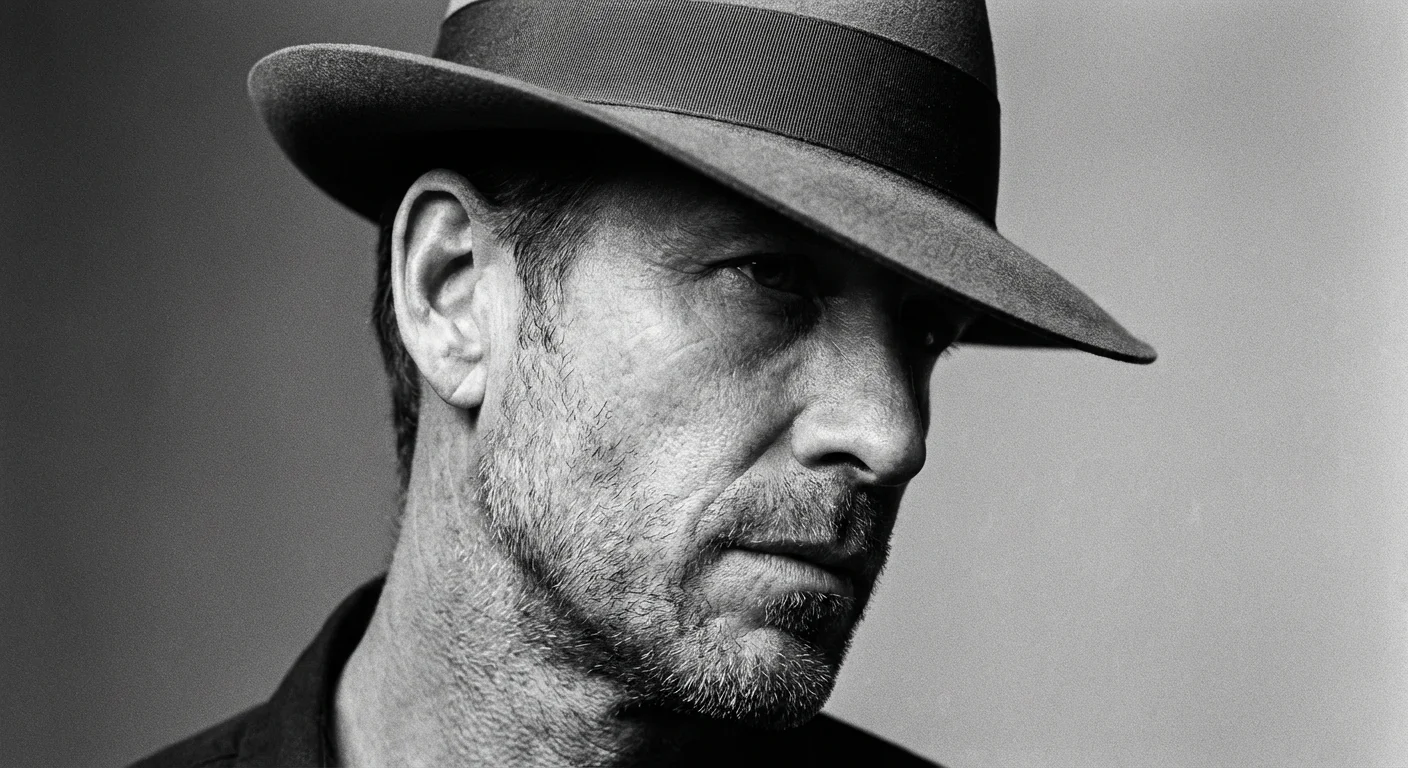 Man showing the correct tilted position of a Fedora hat.