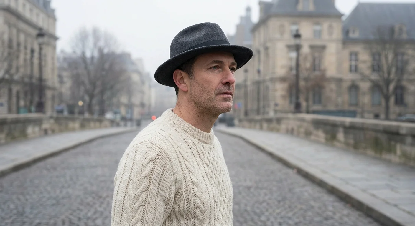 Man wearing a charcoal wool fedora and sweater in a misty winter setting.