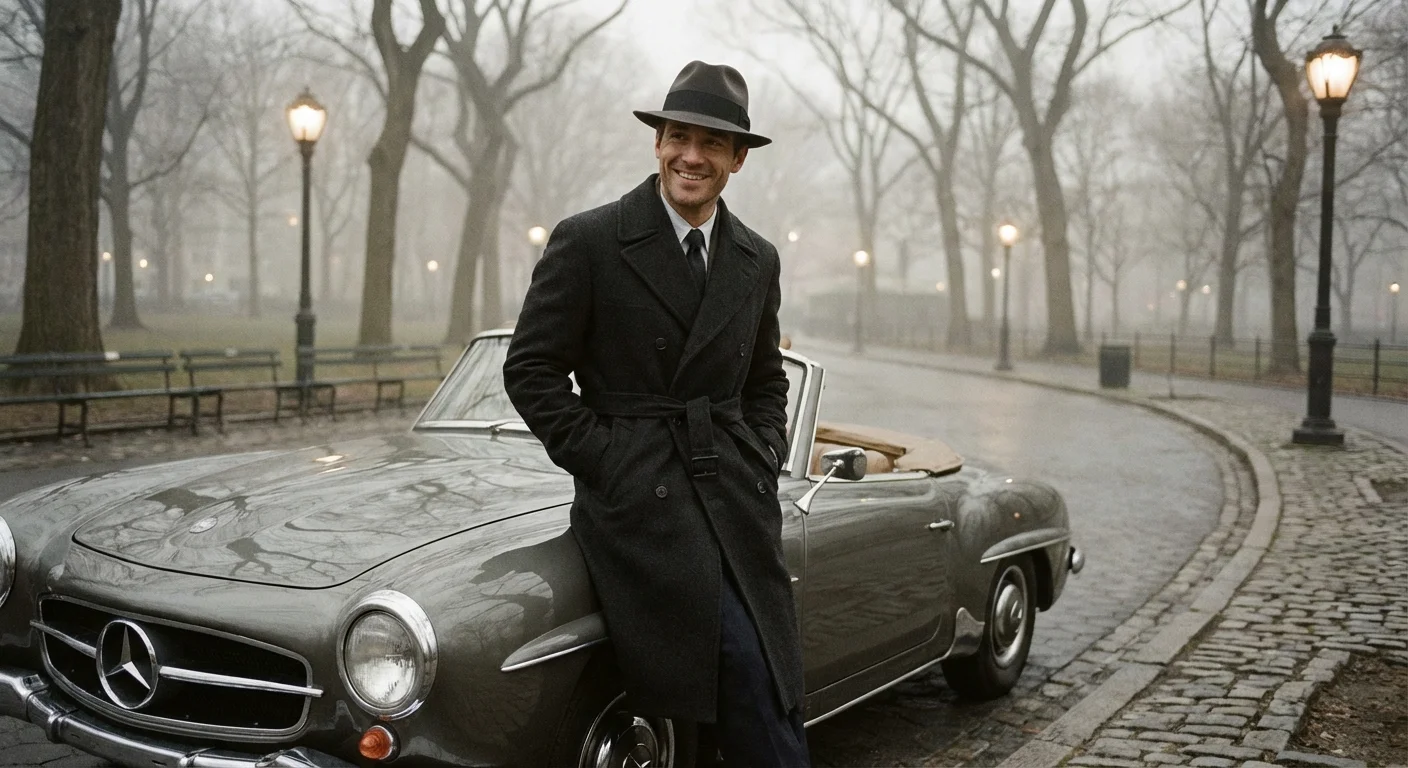 Man wearing a Fedora and trench coat, looking mysterious and stylish.