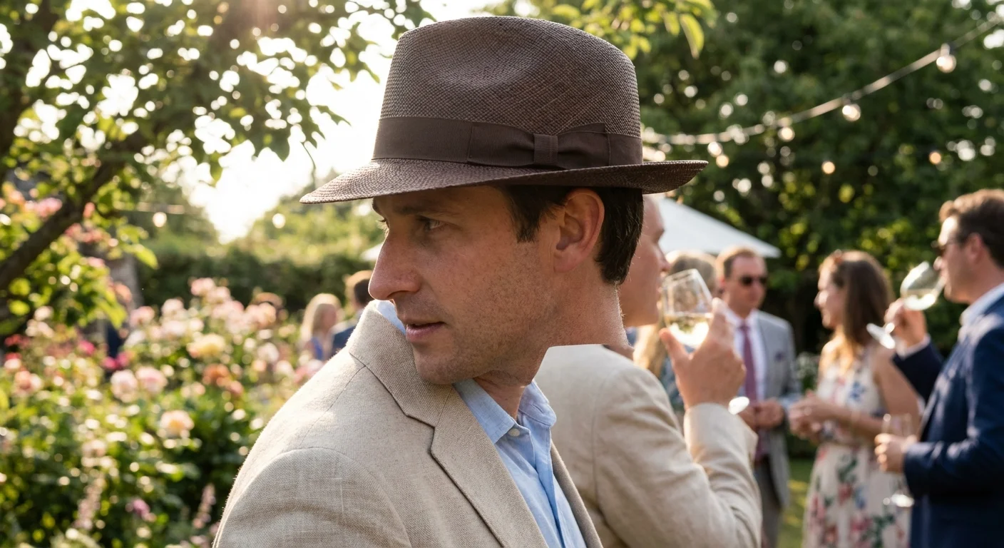 Man wearing a Fedora hat at a formal outdoor event.