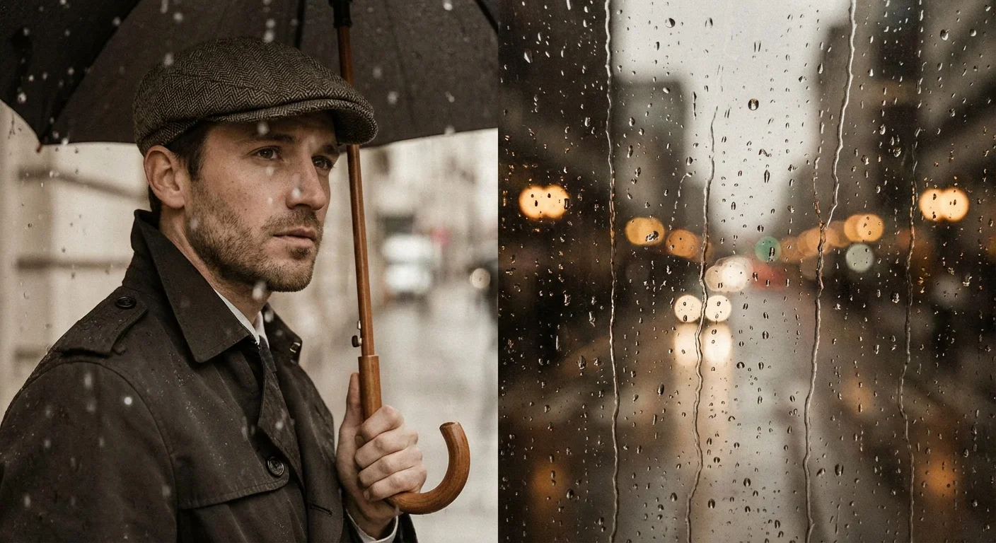 Man wearing an Ivy cap in the rain, highlighting its practical and stylish nature.