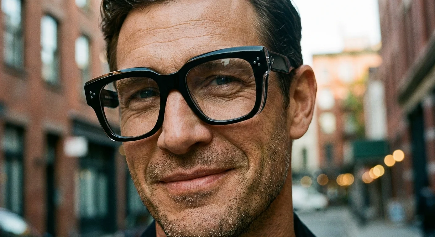 Man wearing stylish black architectural glasses in an urban setting.