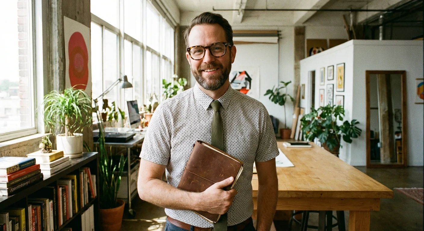 Man with glasses in a patterned shirt and skinny tie.