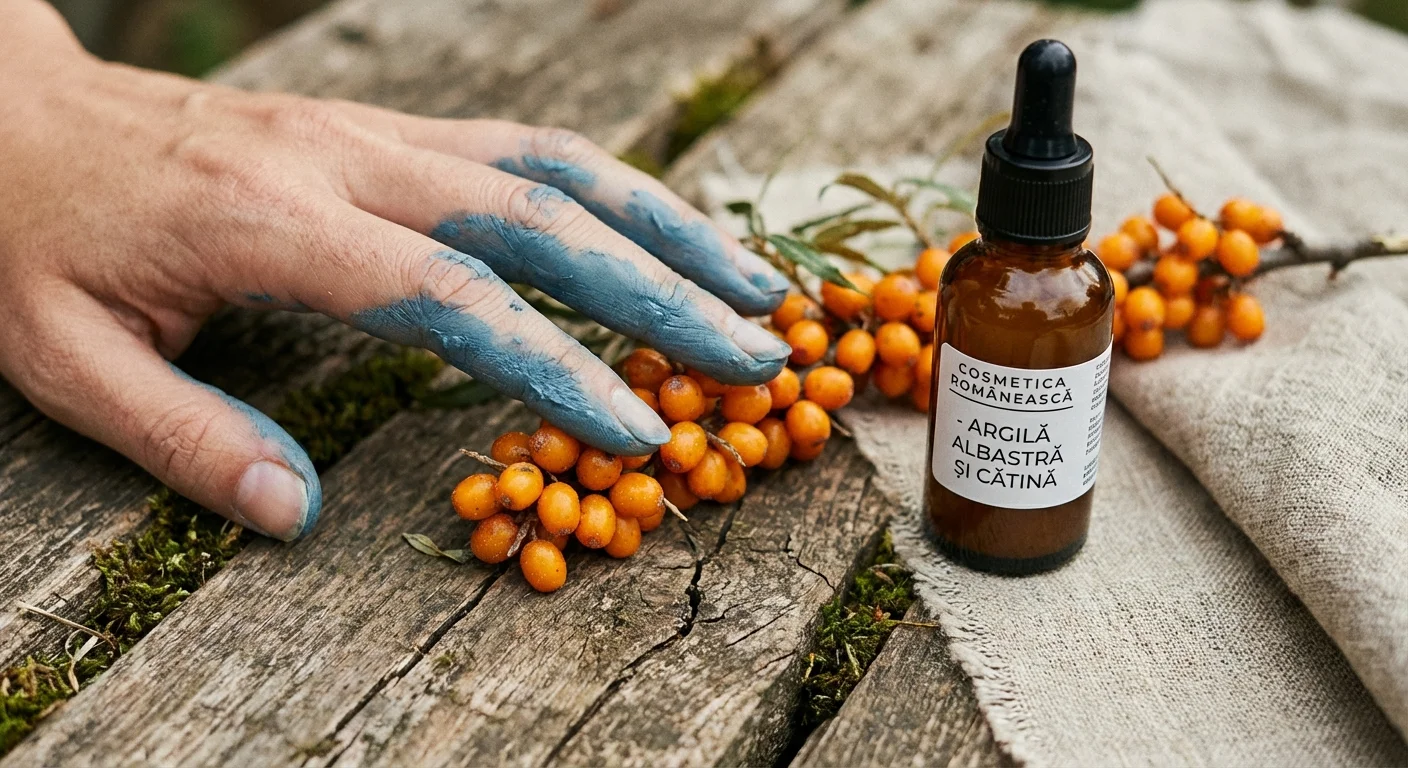 Mână atingând ingrediente naturale precum argila și cătina lângă un produs cosmetic.
