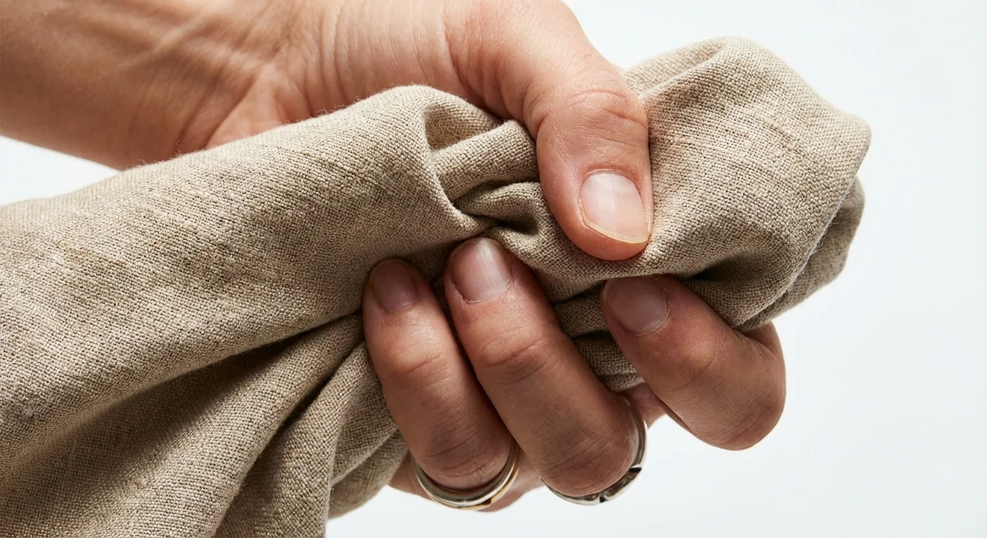 Mână strângând un material textil pentru a testa cât de repede se șifonează.