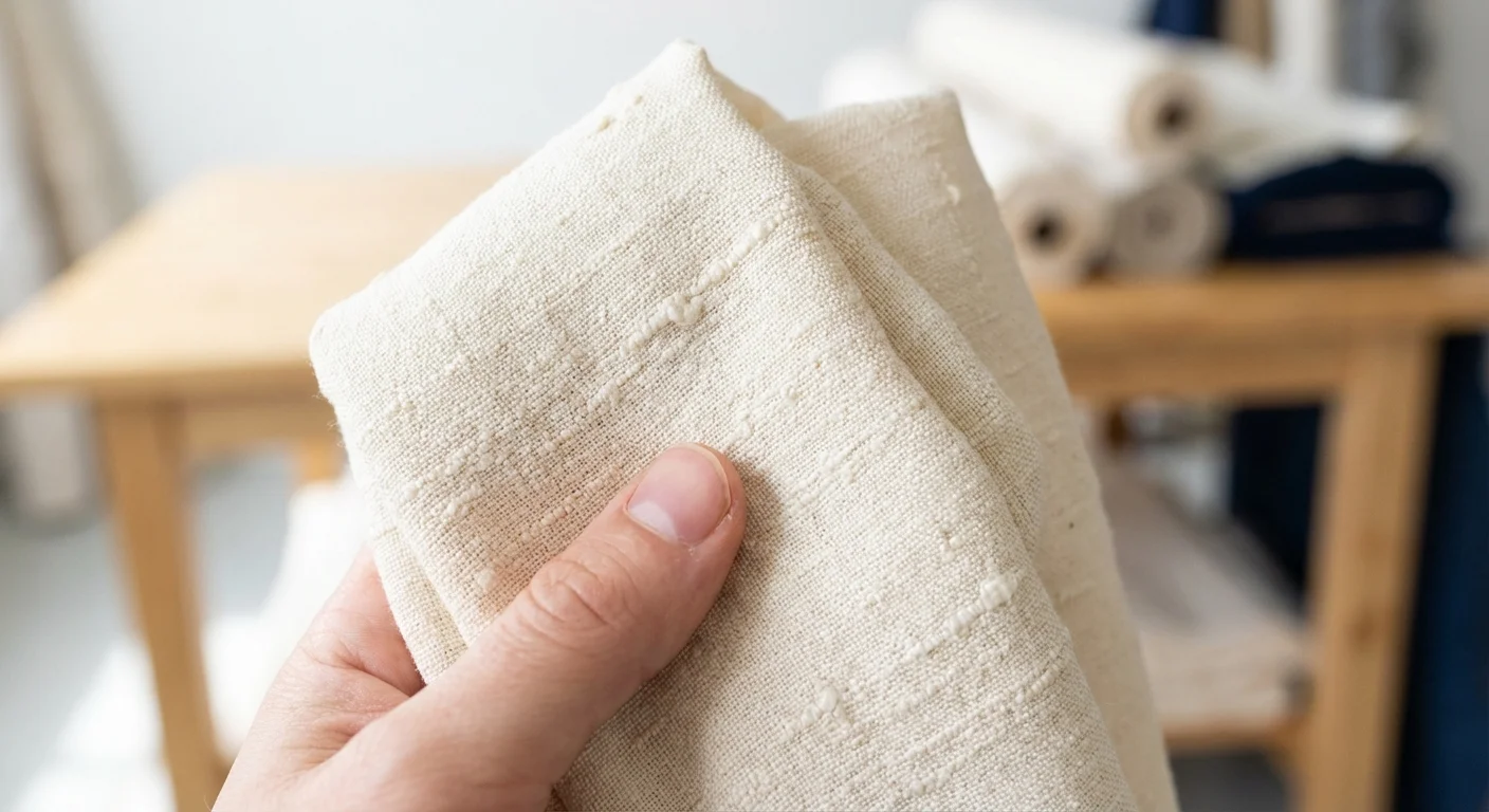 Mână verificând calitatea și textura unei țesături de borangic într-un atelier luminos.