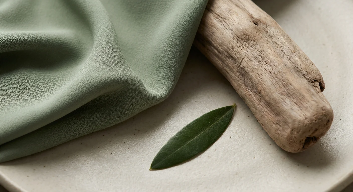 Material de viscoză verde salvie lângă elemente naturale din lemn și frunze.