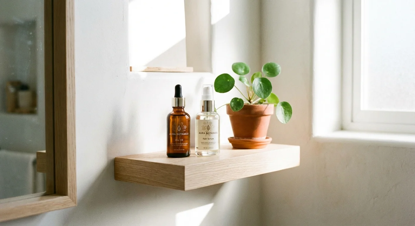 Minimalist hair care bottles on a bathroom shelf.