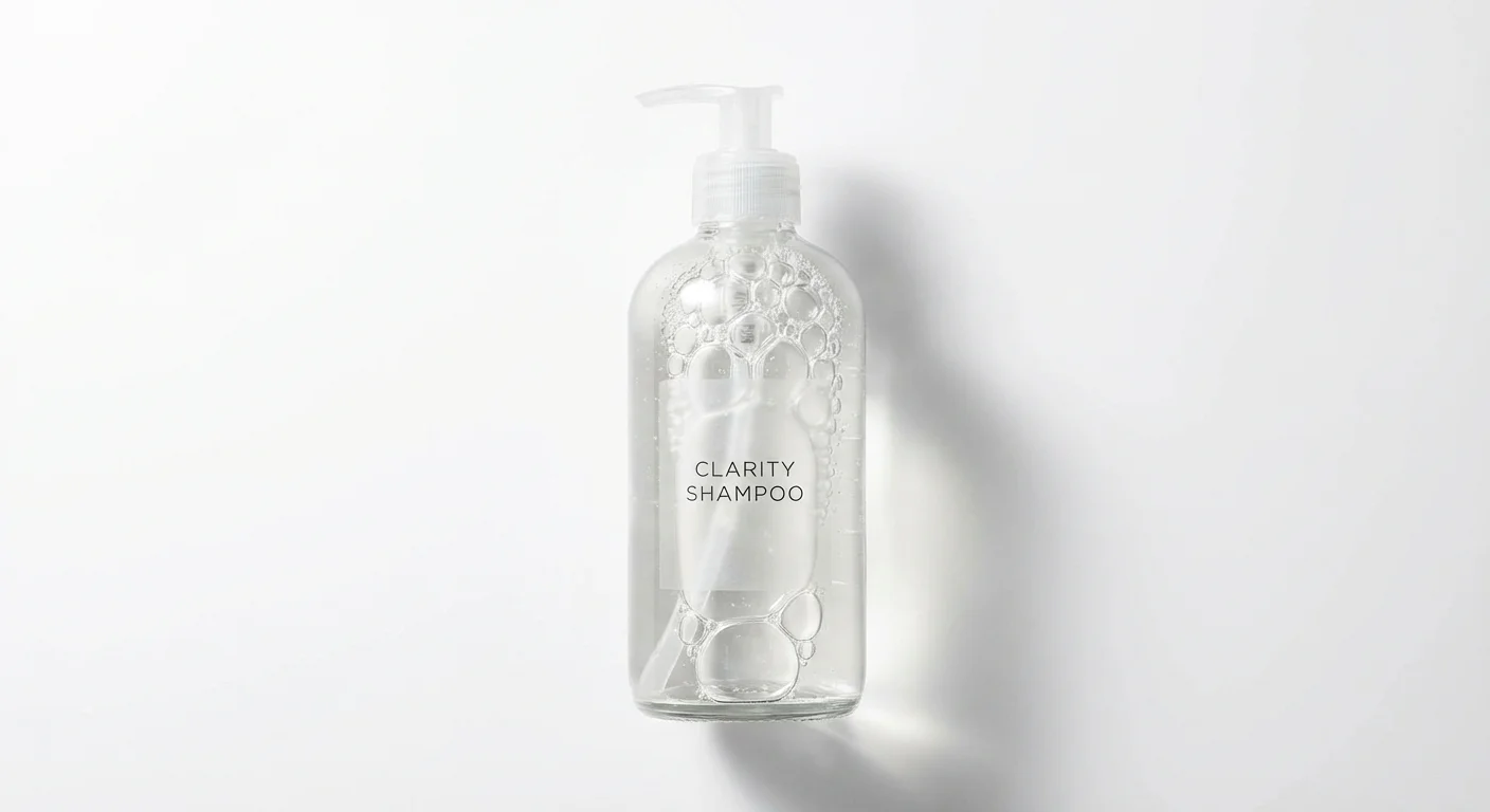 Minimalist shampoo bottle with clear liquid and bubbles.