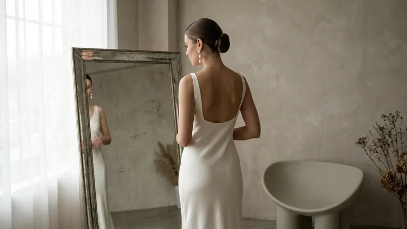 Mireasă elegantă reflectată în oglindă, purtând o rochie de mătase ivory și cercei cu perle.