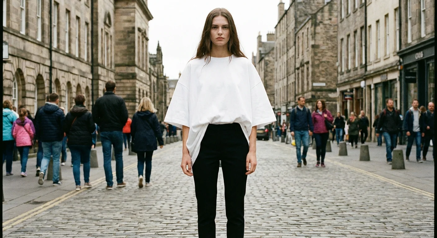 Model purtând un tricou oversized alb cu pantaloni strâmți pentru echilibru.