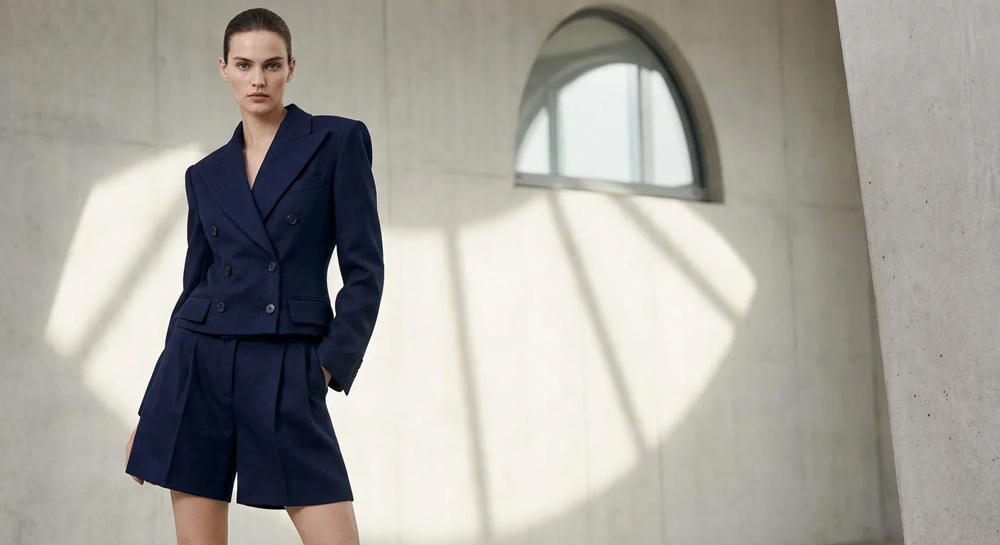 Model wearing a sophisticated navy blue blazer and matching shorts set.