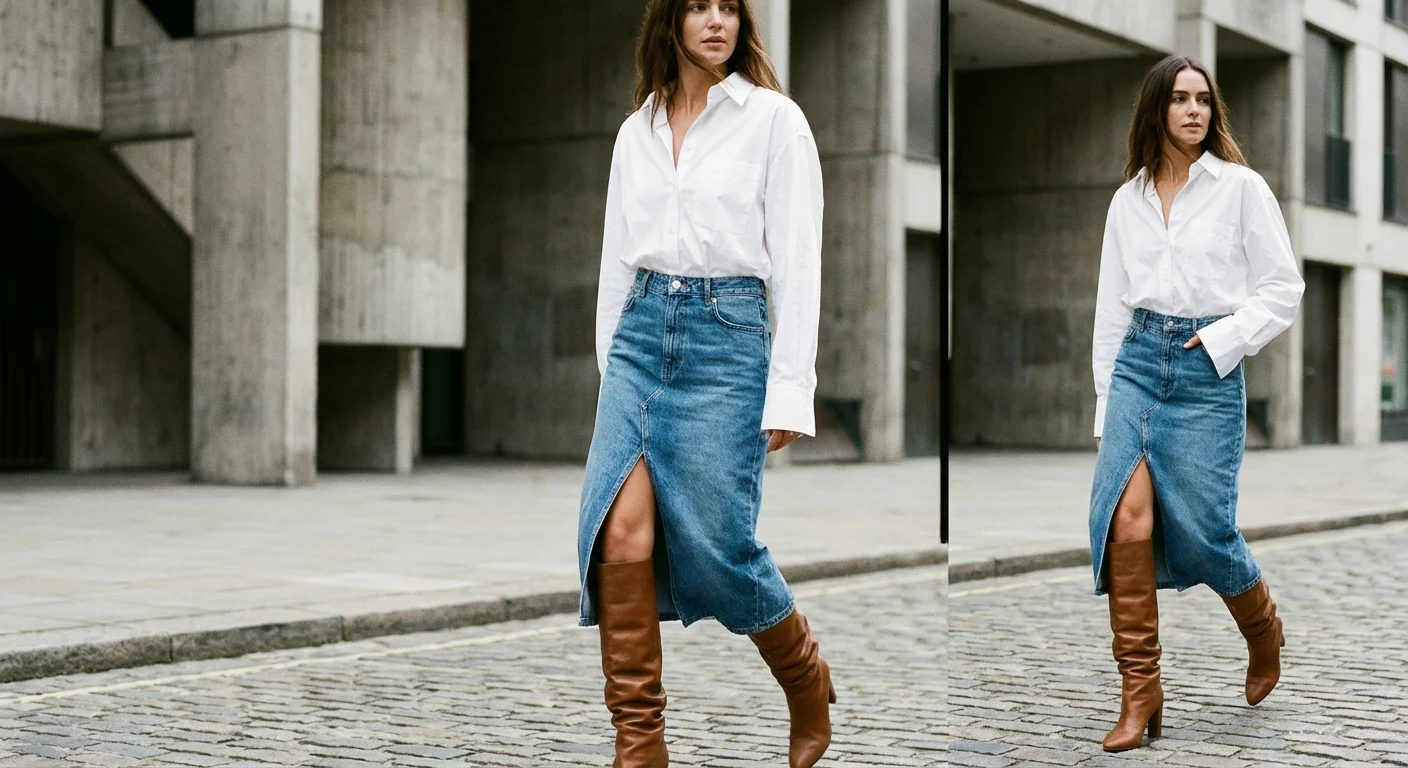 Modern styling of a split-front denim midi skirt with a white shirt.