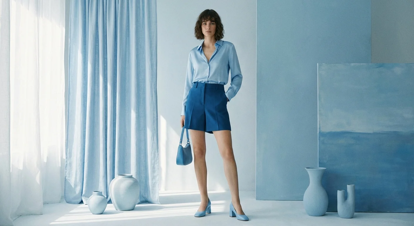 Monochromatic outfit featuring a light blue blouse and azure shorts.