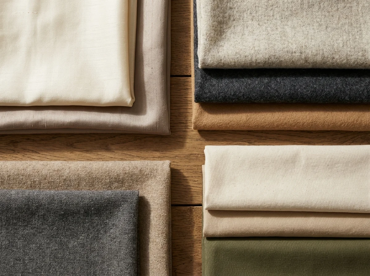 Mostre de materiale textile naturale așezate ordonat pe o suprafață de lemn.