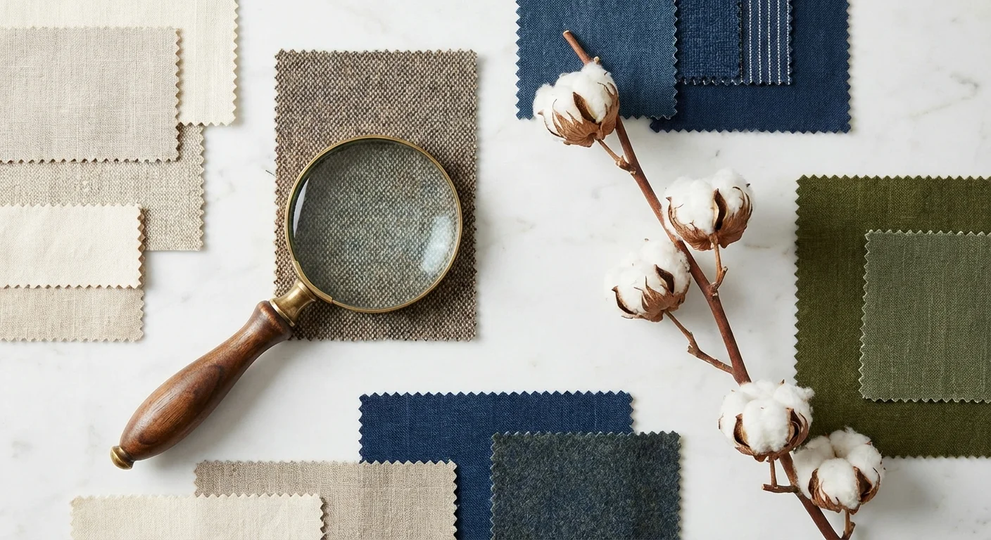 Mostre de materiale textile și lupă pe o suprafață de marmură albă.