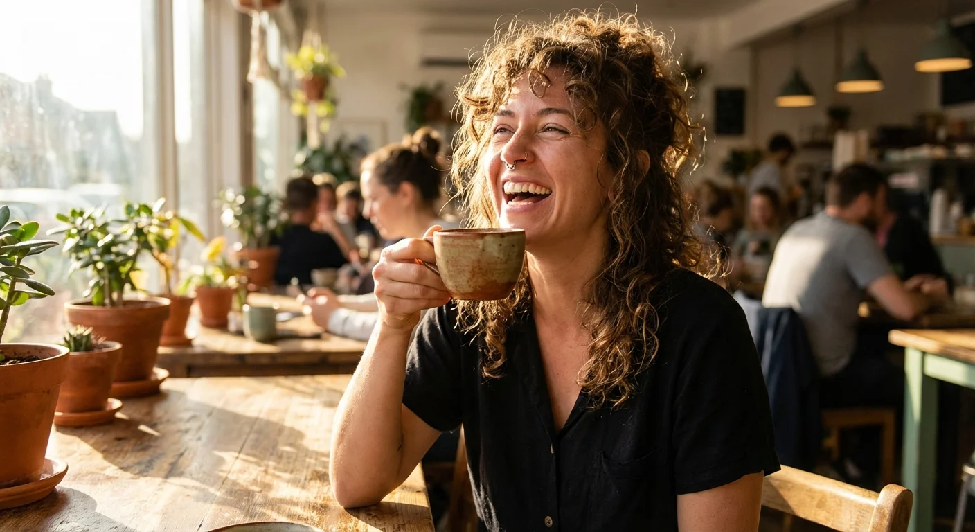 O femeie zâmbește în timp ce bea cafea, purtând un piercing în sept discret.