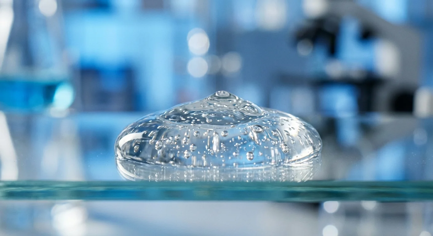 O picătură densă de gel transparent pe o suprafață de sticlă, simbolizând puritatea acidului hialuronic.