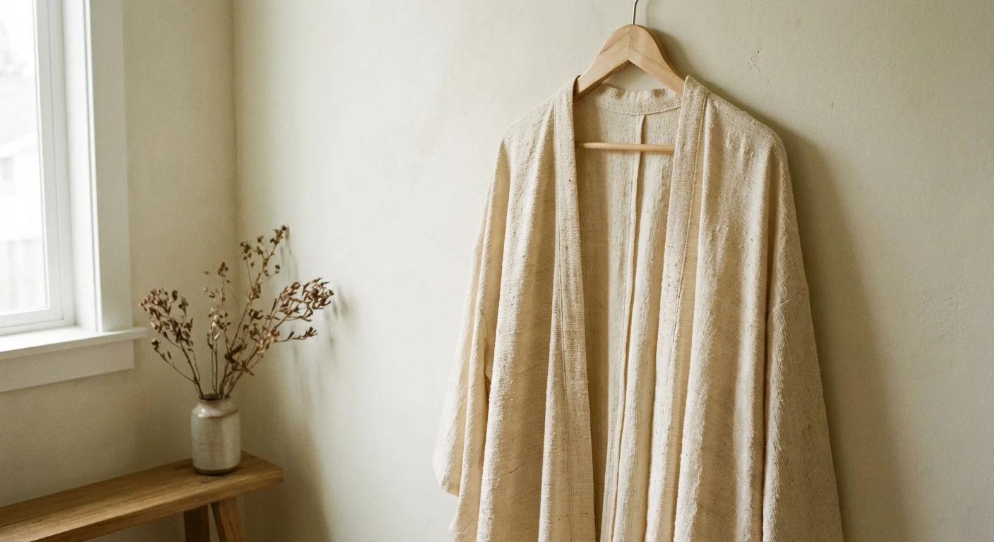 O piesă vestimentară din borangic pe un umeraș din lemn, într-un decor minimalist și luminos.