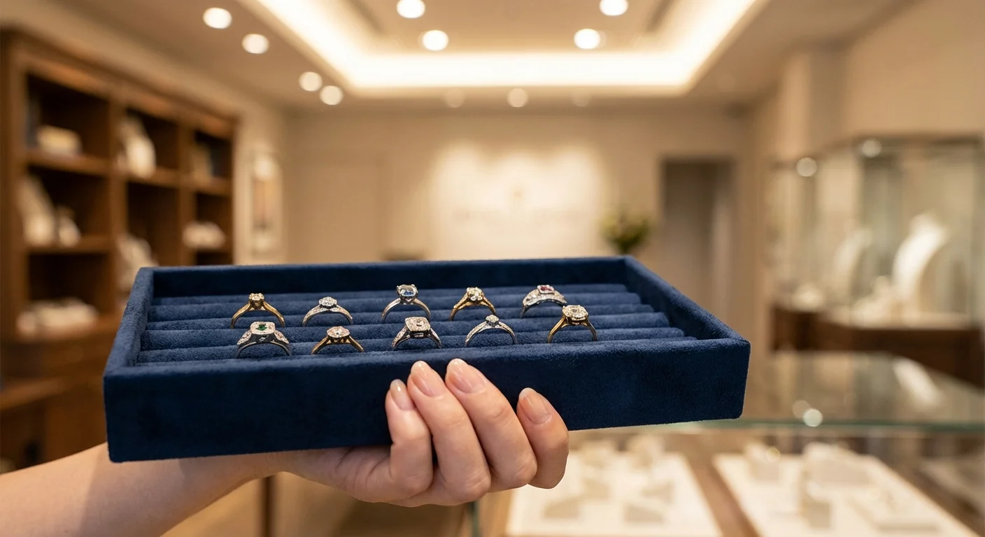 O selecție de inele de logodnă elegante prezentate pe o tavă de catifea.