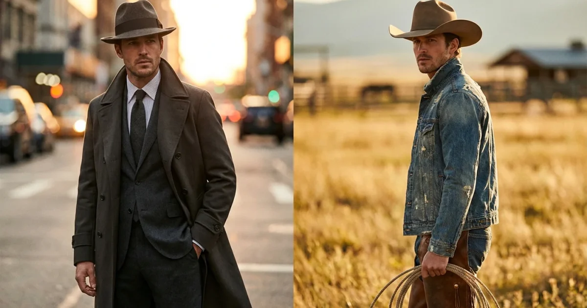 Comparison of a man in a Fedora and a man in a Cowboy hat in a high-end fashion style.
