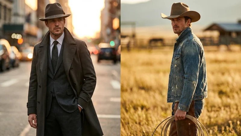 Comparison of a man in a Fedora and a man in a Cowboy hat in a high-end fashion style.
