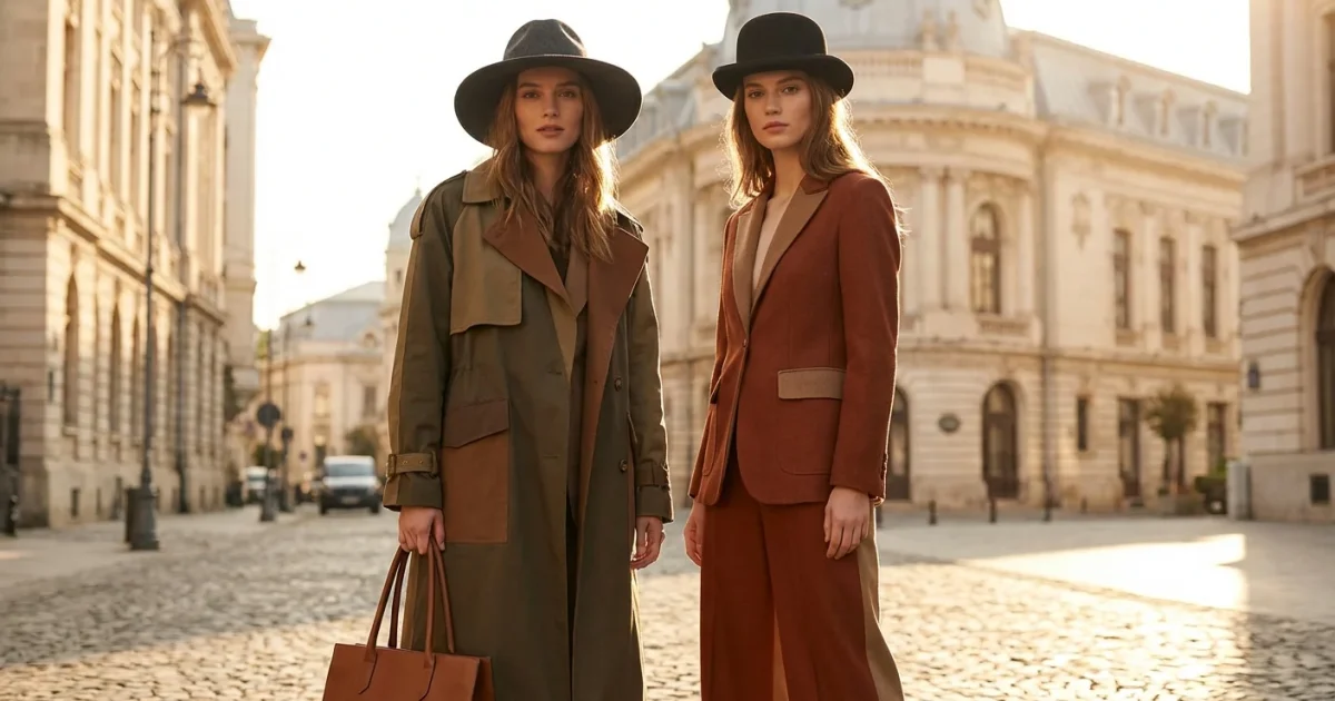 Comparison of a Fedora and a Derby hat on fashion models in an urban setting.