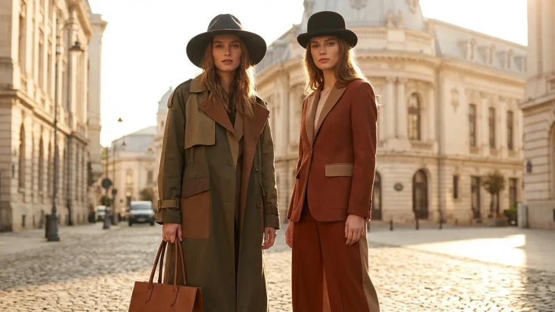 Comparison of a Fedora and a Derby hat on fashion models in an urban setting.